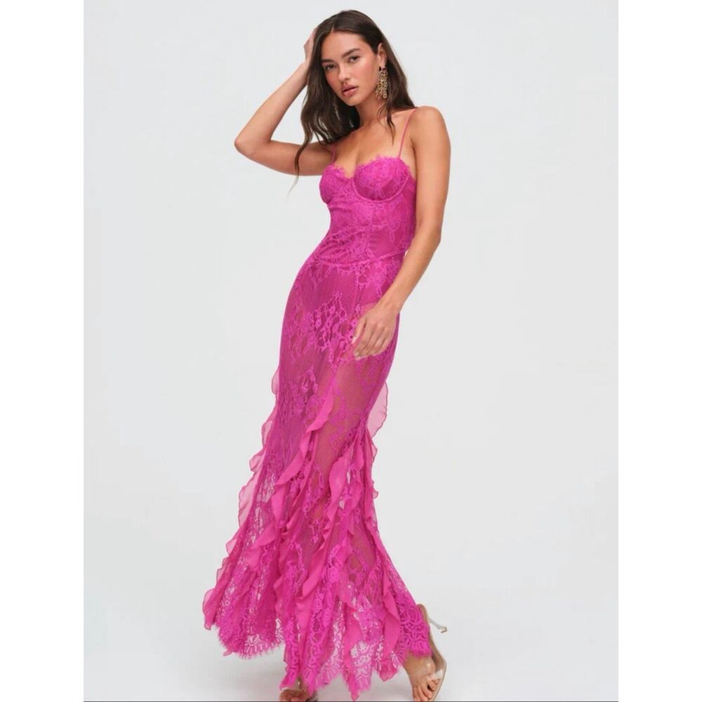 For Love & Lemons Fuchsia Lace Maxi Dress